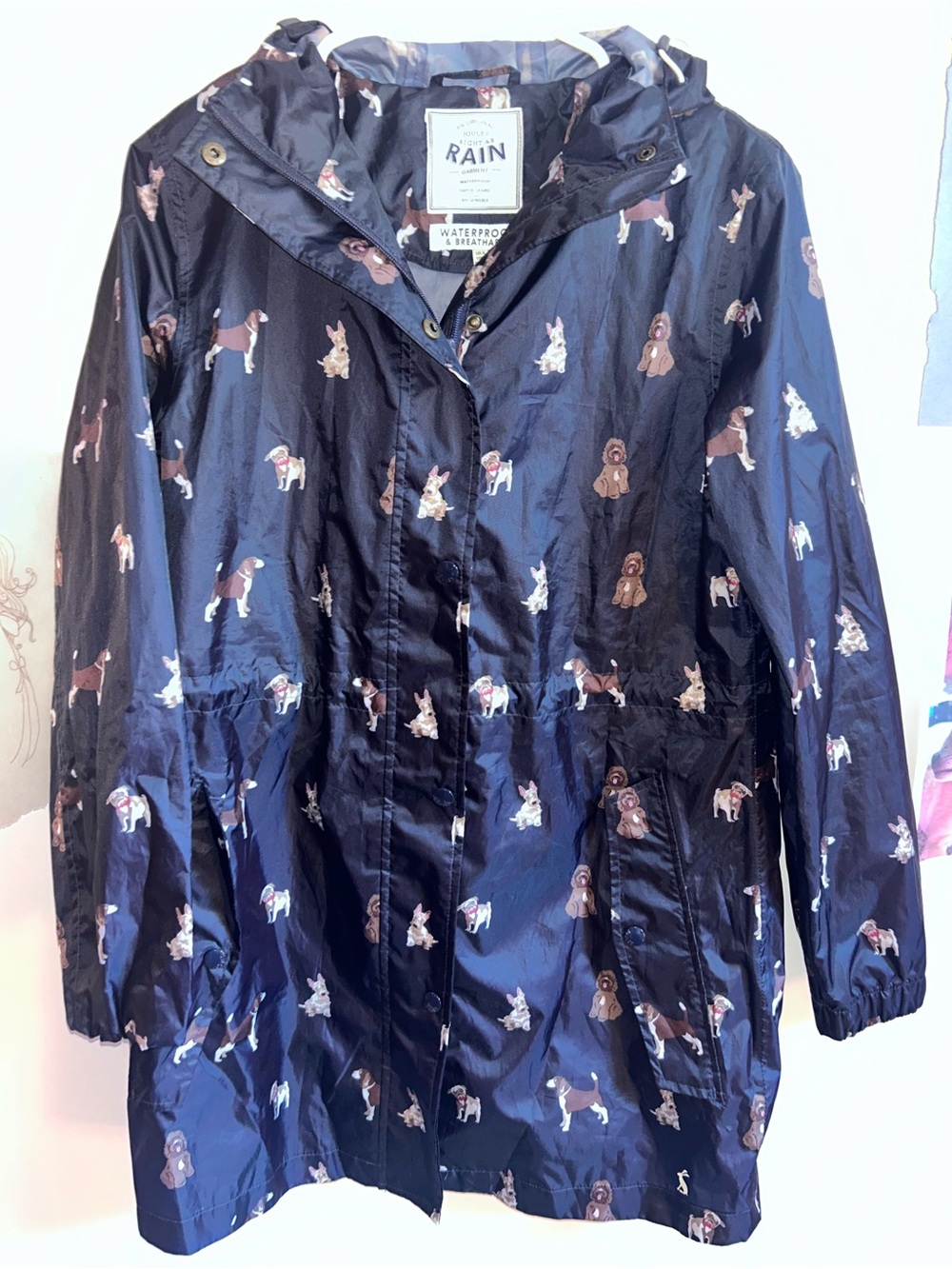 Joules "Right as Rain" Navy Blue Dog Print Waterproof Rain Jacket
